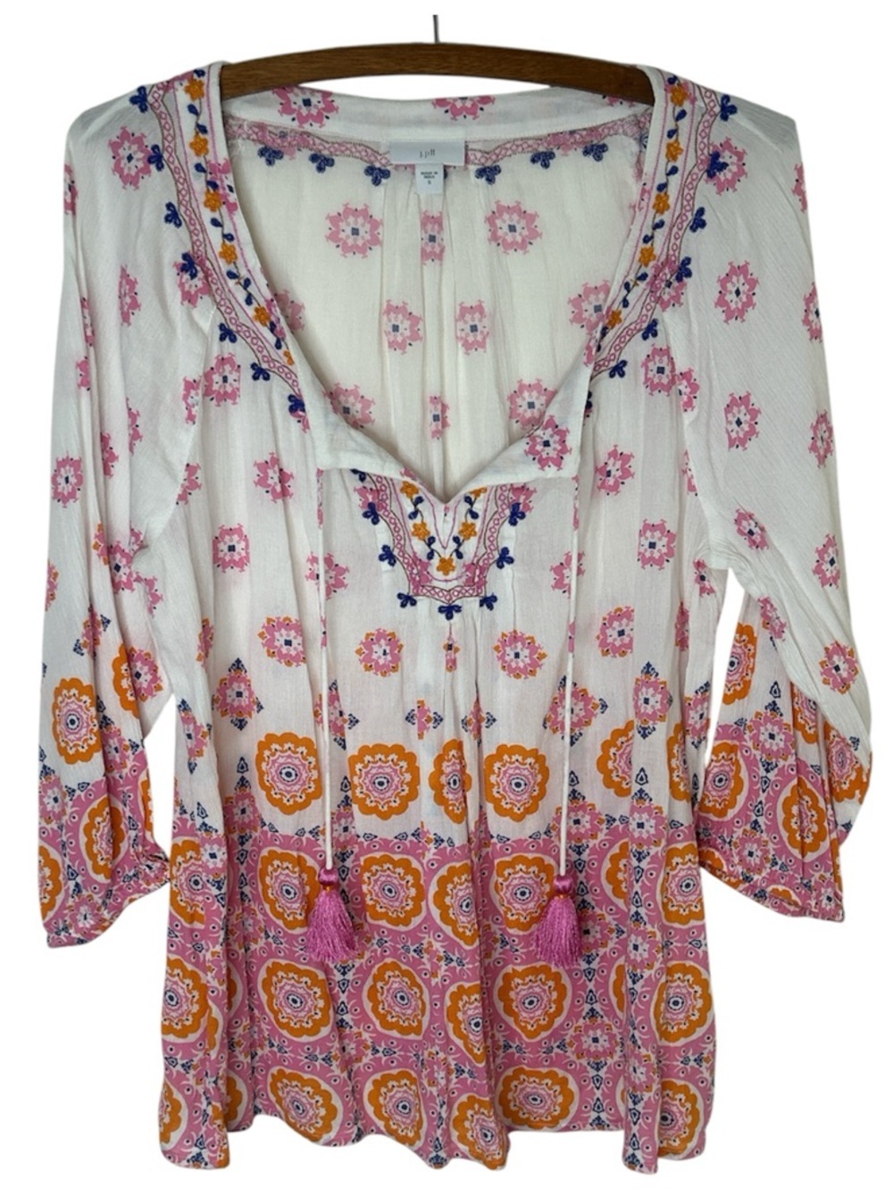 J. JILL Boho Tassel Embroidered Tunic in White, Pink, Orange and Blue Size Small